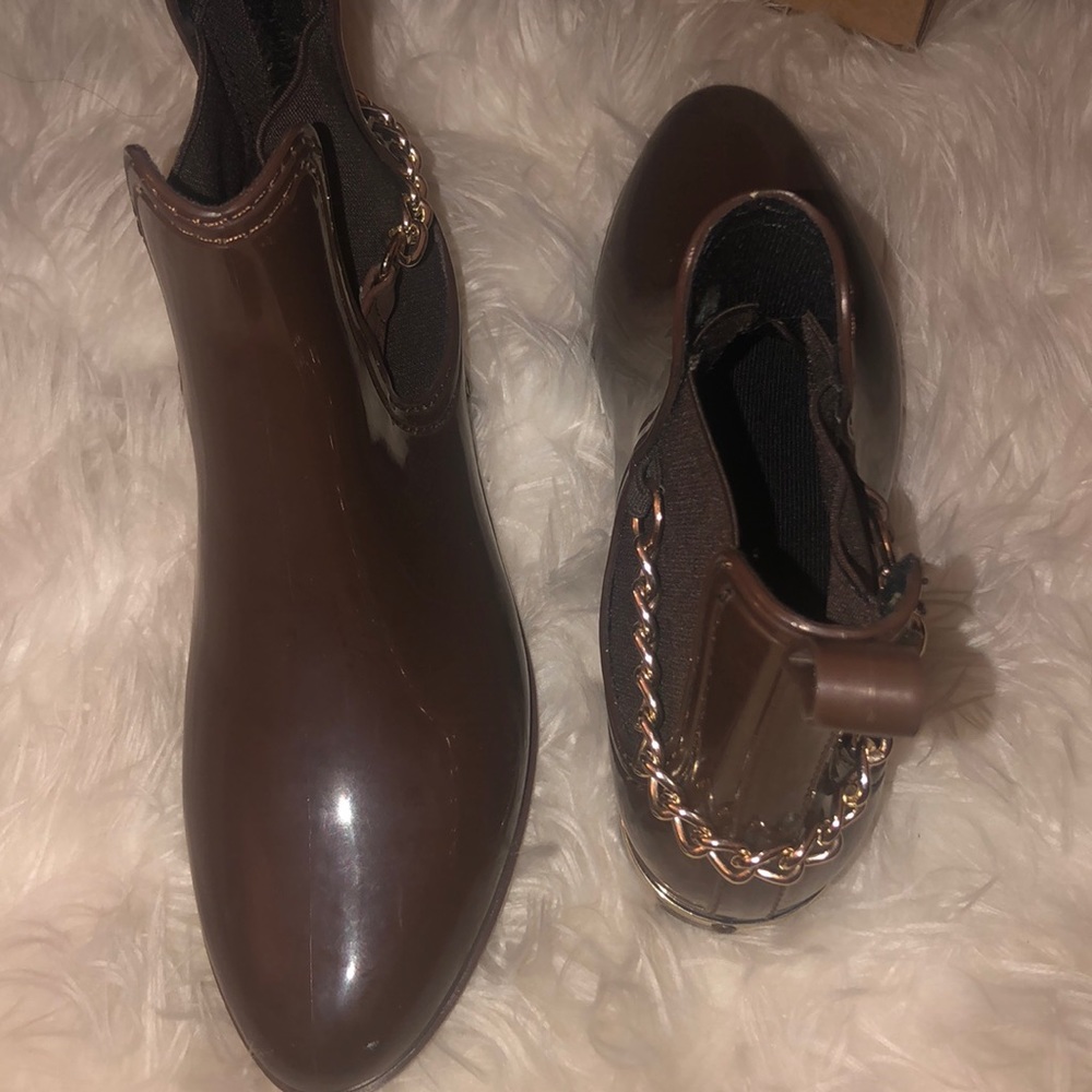 Chocolate Brown ankle rain boots with gold link